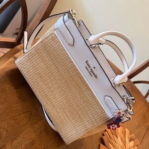 kate spade White Trim Natural Straw Satchel with Floral Charm